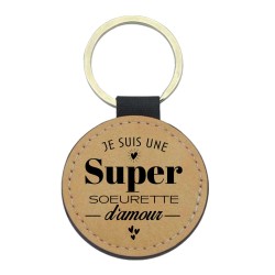 Porte-clefs cuir végan marron imprimé Je suis une super soeurette d'amour