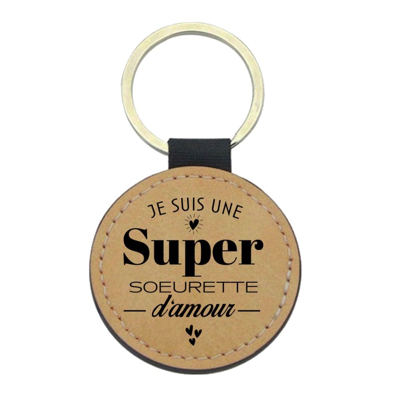 Porte-clefs cuir végan marron imprimé Je suis une super soeurette d'amour