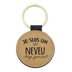 Porte-clefs cuir végan marron imprimé Je suis un neveu trop génial