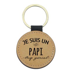 Porte-clefs cuir végan marron imprimé Je suis un papi trop génial