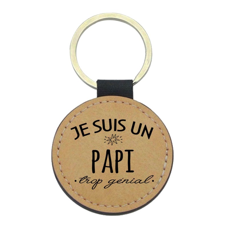 Porte-clefs cuir végan marron imprimé Je suis un papi trop génial