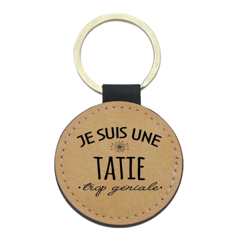Porte-clefs cuir végan marron imprimé Je suis une tatie trop géniale