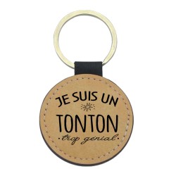 Porte-clefs cuir végan marron imprimé Je suis un tonton trop génial