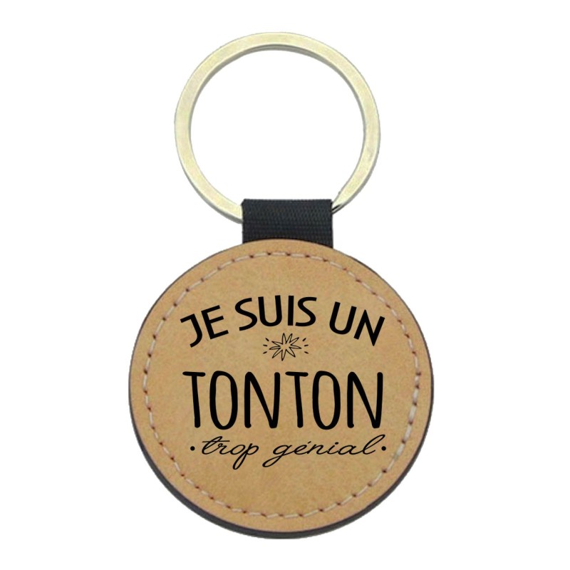 Porte-clefs cuir végan marron imprimé Je suis un tonton trop génial