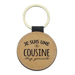 Porte-clefs cuir végan marron imprimé Je suis une cousine trop géniale