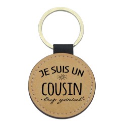 Porte-clefs cuir végan marron imprimé Je suis un cousin trop génial