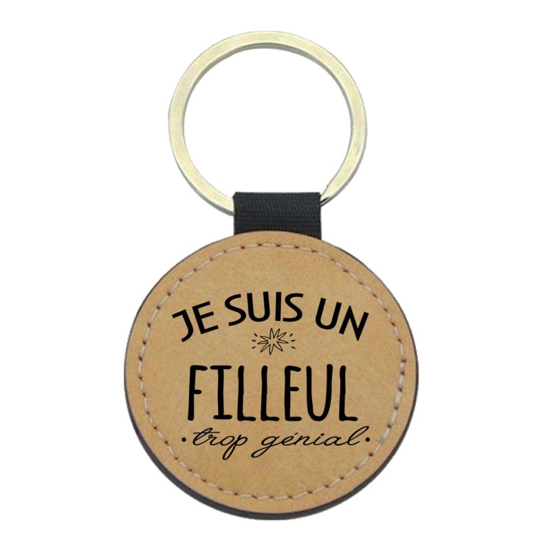 Porte-clefs cuir végan marron imprimé Je suis un filleul trop génial