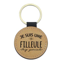 Porte-clefs cuir végan marron imprimé Je suis une filleule trop géniale