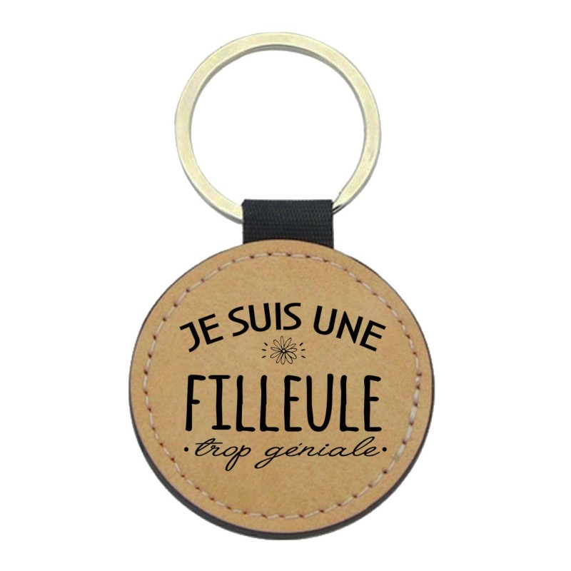 Porte-clefs cuir végan marron imprimé Je suis une filleule trop géniale