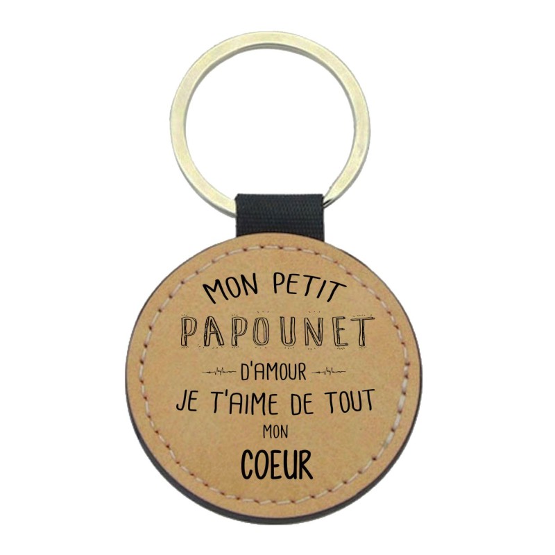 Porte-clefs cuir végan marron imprimé Mon petit papounet d'amour je t'aime