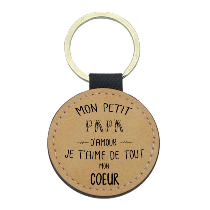 Porte-clefs cuir végan marron imprimé Mon petit papa d'amour je t'aime