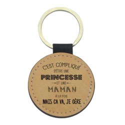 Porte-clefs cuir végan marron imprimé C'est compliqué d'être une princesse et une Maman