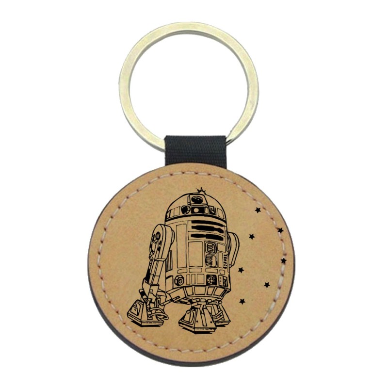 Porte-clefs cuir végan marron imprimé illustration Robot RD2D stars w