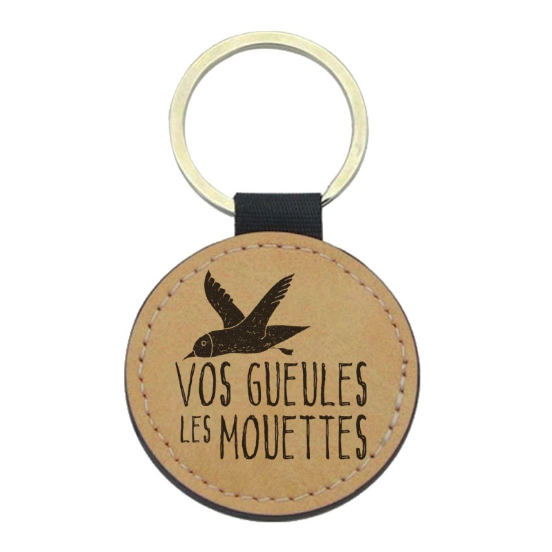 Porte-clefs cuir végan marron imprimé illustration vos gueules les mouettes