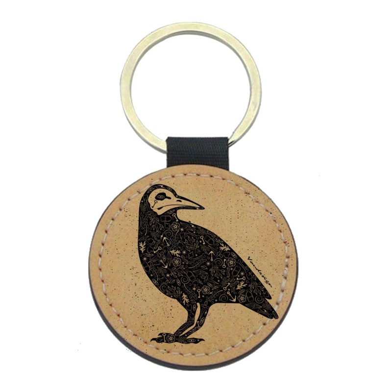 Porte-clefs cuir végan marron imprimé Illustration corbeau