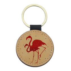 Porte-clefs cuir végan marron imprimé Illustration flamant rose