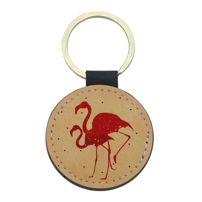 Porte-clefs cuir végan marron imprimé Illustration flamant rose