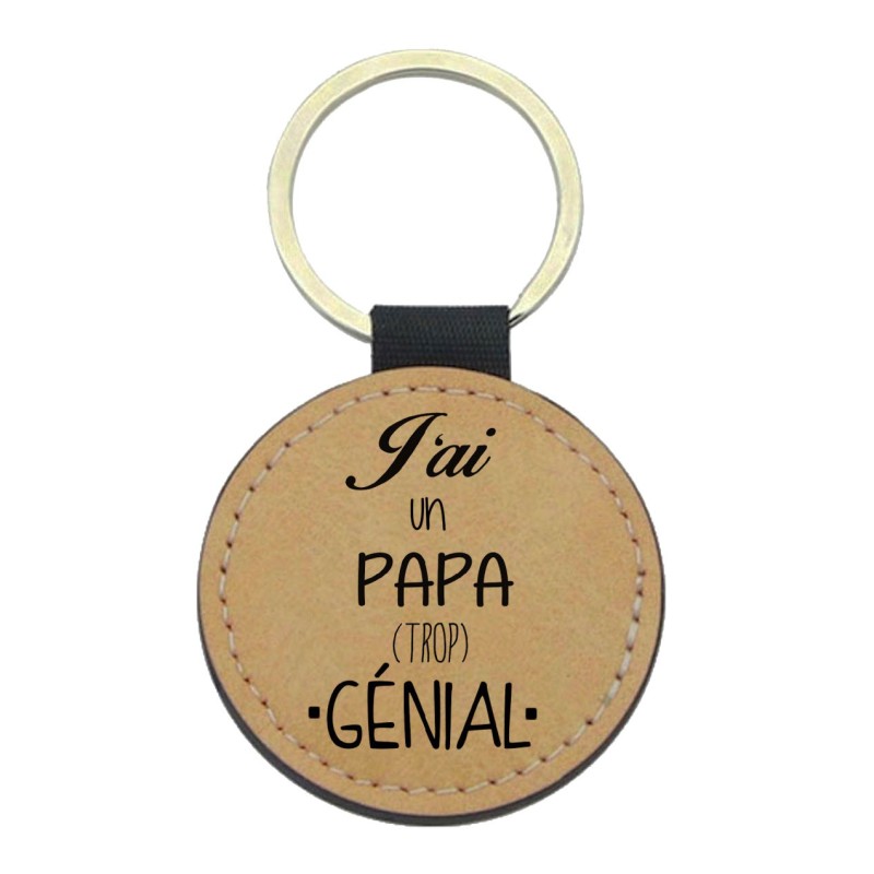 Porte-clefs cuir végan marron imprimé J'ai un papa trop génial
