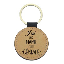 Porte-clefs cuir végan marron imprimé J'ai une mamie trop géniale