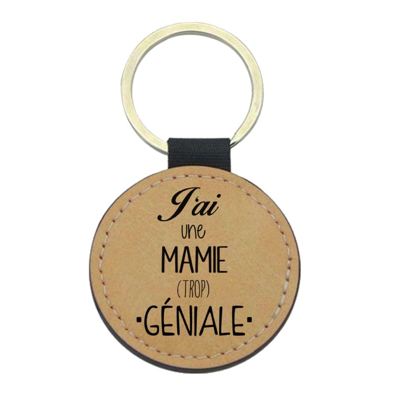 Porte-clefs cuir végan marron imprimé J'ai une mamie trop géniale