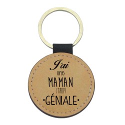 Porte-clefs cuir végan marron imprimé J'ai une maman trop géniale