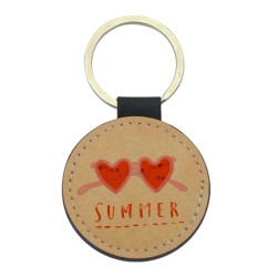 Porte-clefs cuir végan marron imprimé lunette coeur
