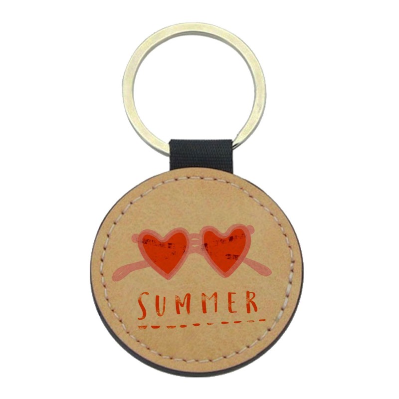 Porte-clefs cuir végan marron imprimé lunette coeur