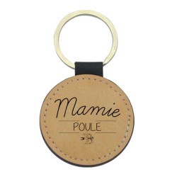 Porte-clefs cuir végan marron imprimé mamie poule