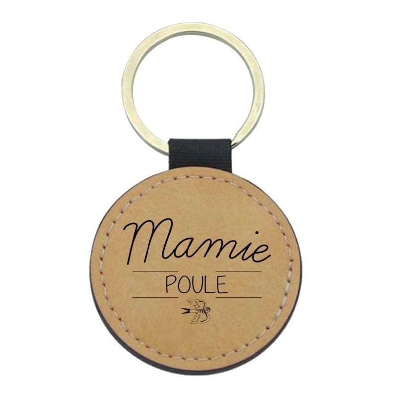 Porte-clefs cuir végan marron imprimé mamie poule