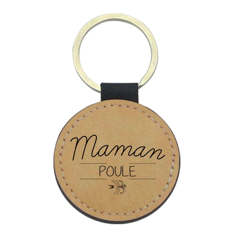 Porte-clefs cuir végan marron imprimé maman poule