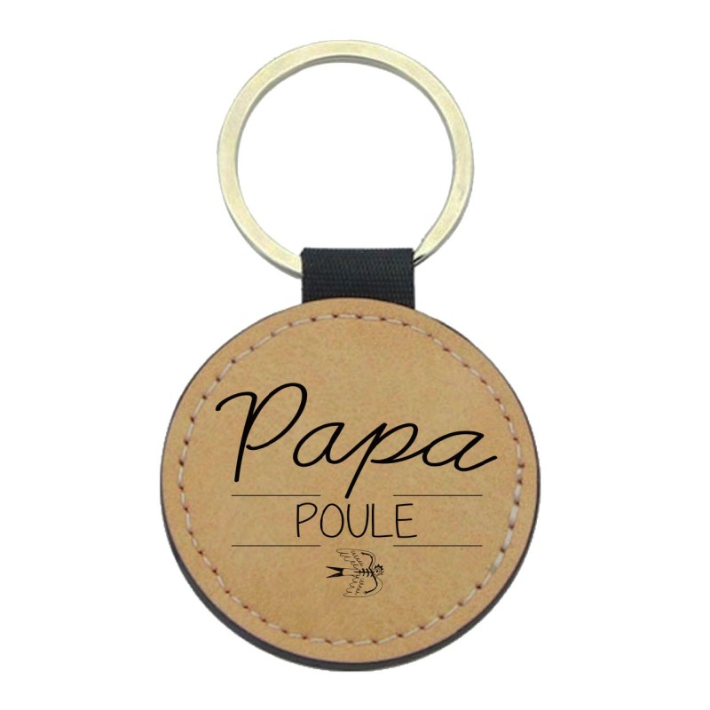 Porte-clefs cuir végan marron imprimé papa poule