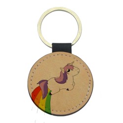Porte-clefs cuir végan marron imprimé Licorne arc en ciel
