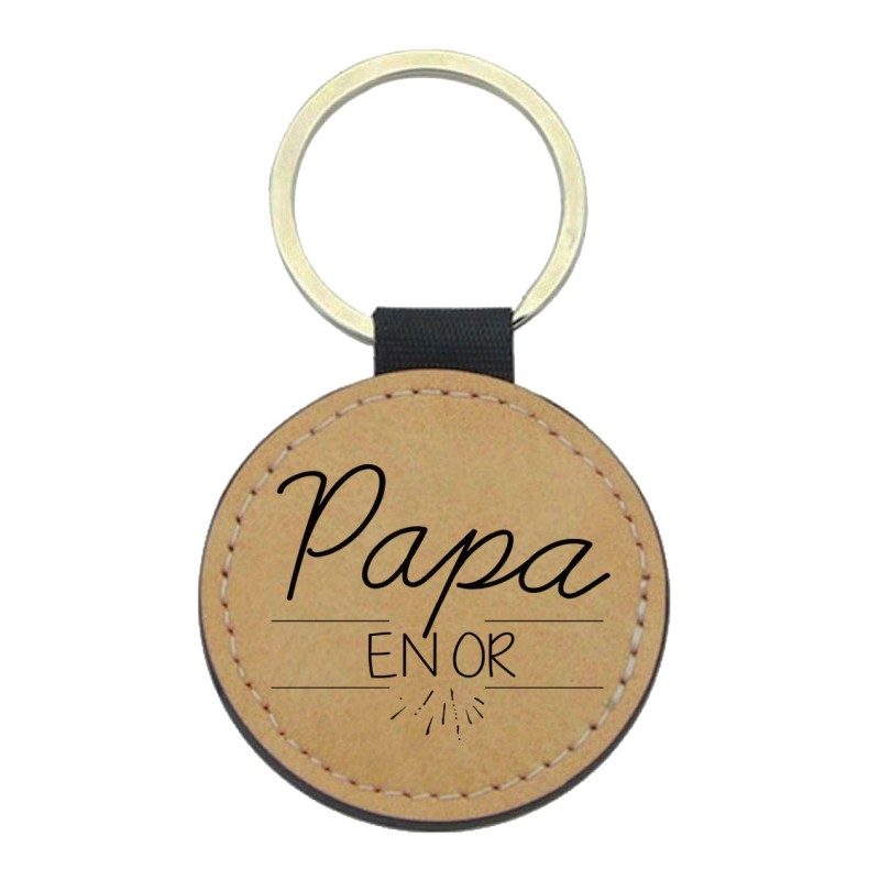 Porte-clefs cuir végan marron imprimé papa en or