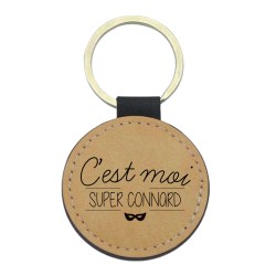 Porte-clefs cuir végan marron imprimé C'est moi super connard