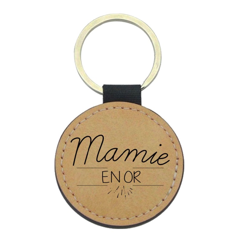 Porte-clefs cuir végan marron imprimé Mamie en or