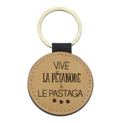 Porte-clefs cuir végan marron imprimé Vive la pétanque et le pastaga