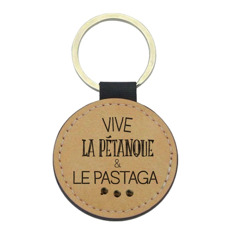 Porte-clefs cuir végan marron imprimé Vive la pétanque et le pastaga
