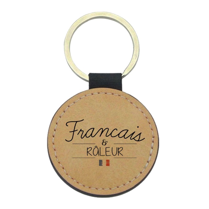 Porte-clefs cuir végan marron imprimé Français et râleur