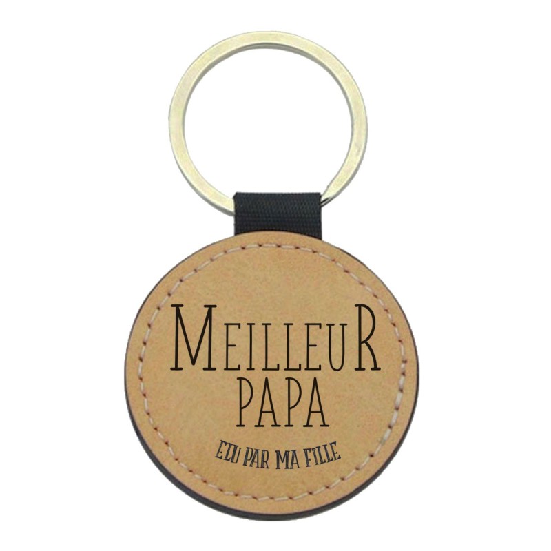 Porte-clefs cuir végan marron imprimé Meilleur papa