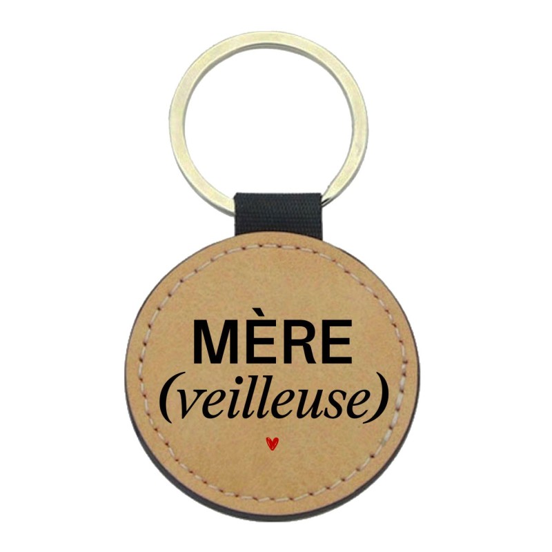 Porte-clefs cuir végan marron imprimé mère veilleuse