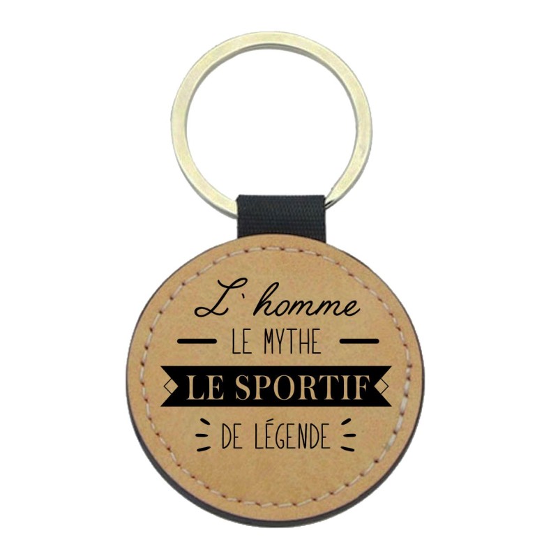 Porte-clefs cuir végan marron imprimé L'homme le mythe le sportif la légende