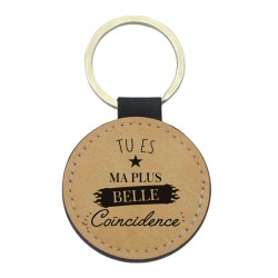 Porte-clefs cuir végan marron imprimé Tu es ma plus belle coincidence
