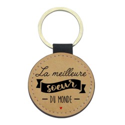 Porte-clefs cuir végan marron imprimé La meilleure soeur du monde