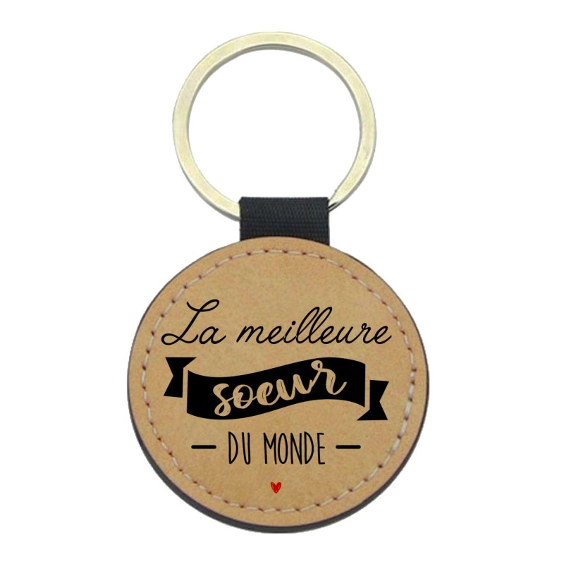 Porte-clefs cuir végan marron imprimé La meilleure soeur du monde