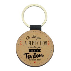 Porte-clefs cuir végan marron imprimé On dit que la perfection n'existe pas mais tonton est réel