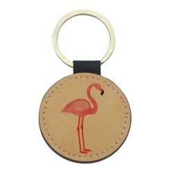 Porte-clefs cuir végan marron imprimé flamant rose