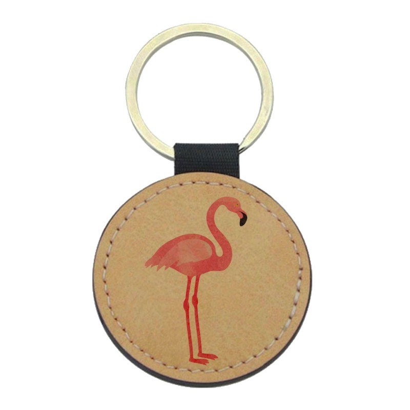 Porte-clefs cuir végan marron imprimé flamant rose
