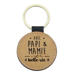 Porte-clefs cuir végan marron imprimé chez papi et mamie c'est la belle vie