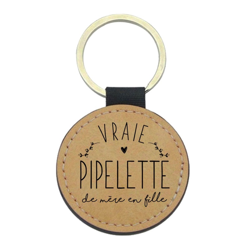 Porte-clefs cuir végan marron imprimé Vraie pipelette de mère en fille