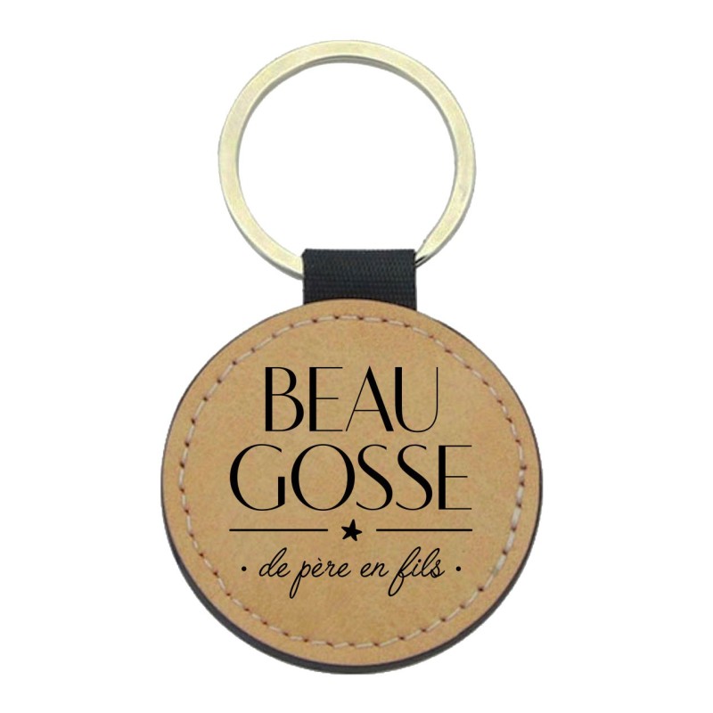 Porte-clefs cuir végan marron imprimé Beau gosse de père en fils